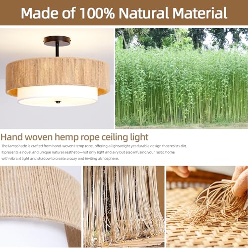 Boho Rattan semi Flush Mount Ceiling Light