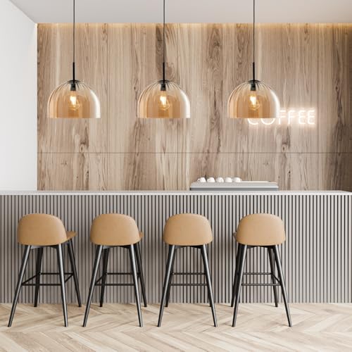 Amber Ribbed Glass Pendant Light Kitchen Island 11.8Inch Black Hanging Lamp