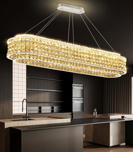 L47 x W12 Modern Chandeliers for Dining Room LED Dimmable Pendant Lighting Ceiling Chandelier Crystal Rectangle Light Fixtures Silver