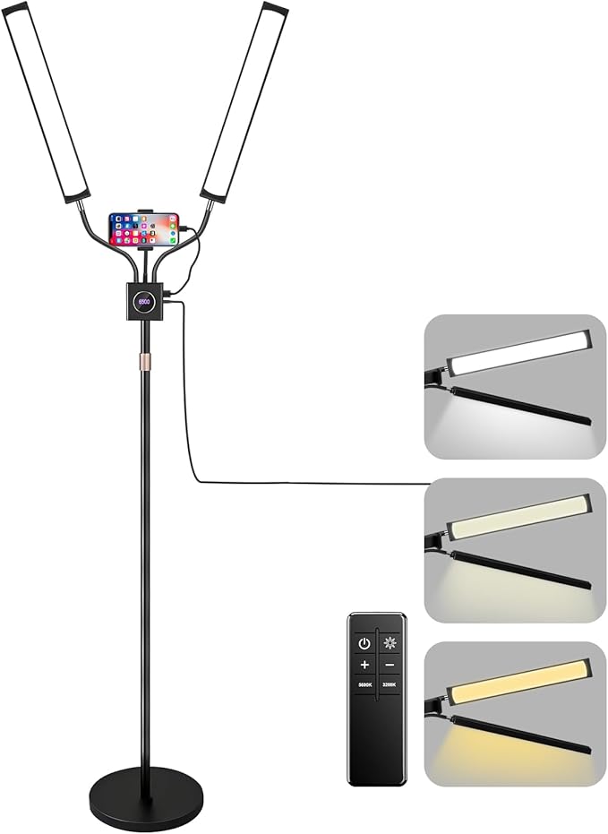 Lash Light for Eyelash Extension LED Floor Lamp with 3 Color Temperature, Lash Lamp Esthetician Light for Tattoos, Nail, Photograph, Adjustable Brightness Height with Phone Holder (Black)