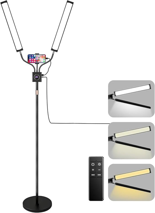 Lash Light for Eyelash Extension LED Floor Lamp with 3 Color Temperature, Lash Lamp Esthetician Light for Tattoos, Nail, Photograph, Adjustable Brightness Height with Phone Holder (Black)