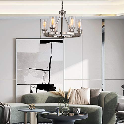 Dining Room Lighting Fixtures Hanging Brushed Nickel Kitchen Modern Chandelier Over Tables 6 Light with Glass Pendant Light for Dining Room Living Bedroom