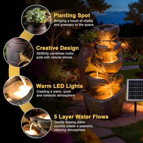 5 Tiers Solar Powered Cascading Rock Jar Water Fountain Outdoor