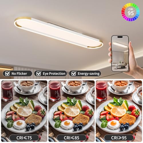 Modern LED Ceiling Light Dimmable Linear Ceiling Light 39.4in Semi Flush Mount Long Lights with Remote Control and Side Lighting for Living Room Kitchen Dining Room White & Gold
