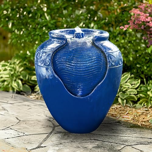 16.96 in. Outdoor Glazed Pot Water Fountain with LED Lights