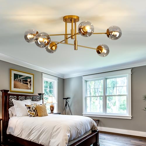 6 Lights Glass Globe Chandelier Modern Flush Mount Ceiling Light Fixture Gold Farmhouse Lighting for Dining Room Living Room Bedroom Kitchen Passageway