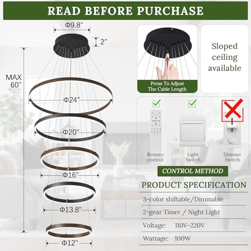 LED 5 Ring Chandelier High Ceiling Foyer Chandeliers Black Walnut Dimmable
