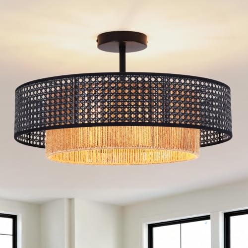 Black Wicker Flush Mount Ceiling Light Boho Fixture