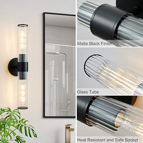 Hardwired Black Bathroom Vanity Light Threaded Glass Wall Sconce