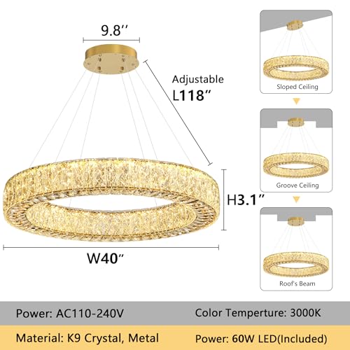 Modern Chandelier Glam Dimmable LED Crystal Chandeliers Luxury Remote Ceiling Pendants Lighting Fixtures for Dining Room Bedroom Living Room Gold