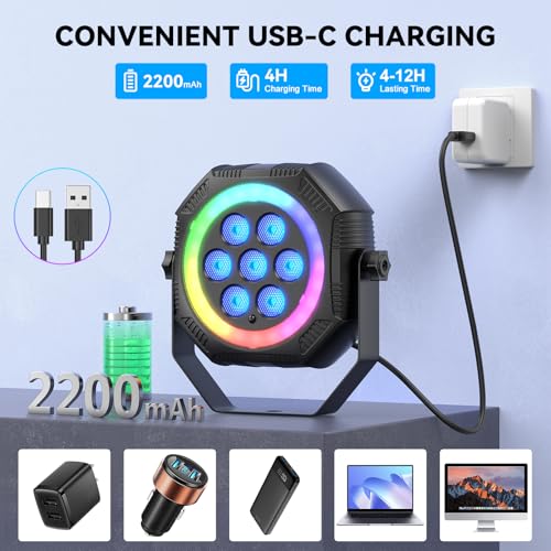 Stage Lights Mini RGB Battery Powered Uplights LED Rechargeable Par Can Lights with Halo (10 Count)