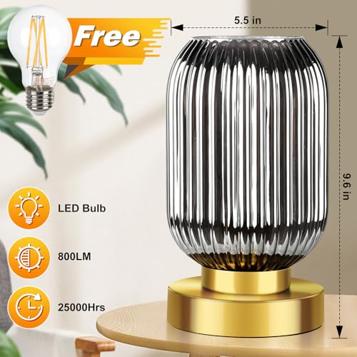 Mid Century Modern Table Lamp with Smoke Grey Ribbed Glass Shade
