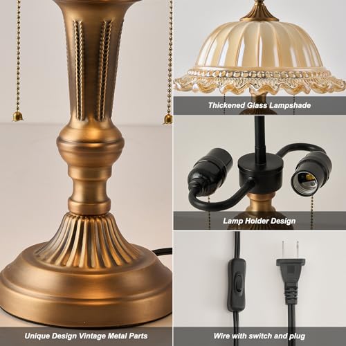Glass Shade Table Lamp Vintage Metal Desk Lamp 2 Lights Table Light with Plug Switch for Bedroom Living Room Home Office Brass and Brown (2 Count)