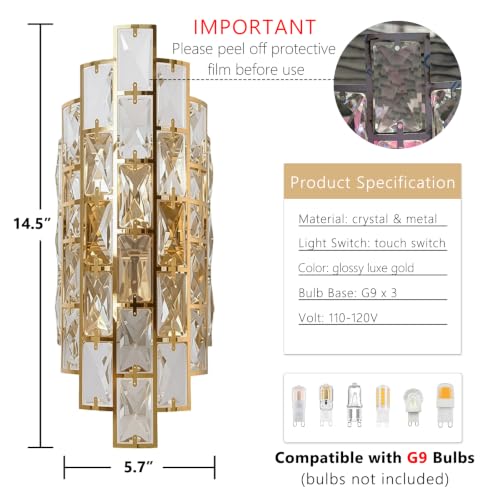 Gold K9 Crystal Wall Sconce with Touch Switch for Bedroom