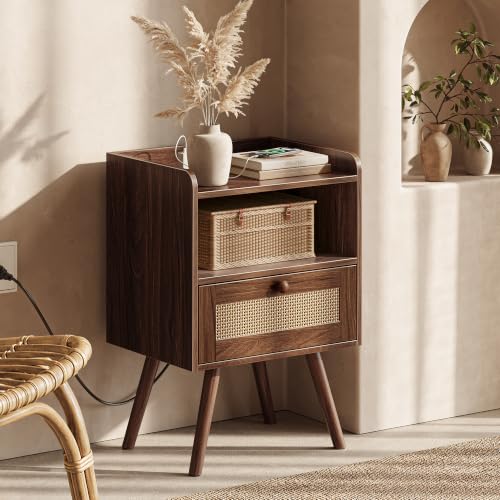 Nightstand with Charging Station & Rattan