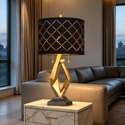 Modern Black and Gold Table Lamps Set of 2 with Dual Pull Chains Switch (2 Count)