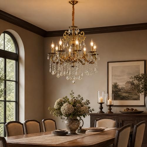 Vintage 8 Arms Crystal Chandelier Candle Light Fixture for Dining Room Living Room Bedroom Hallway Entryway Antique Gold Finish