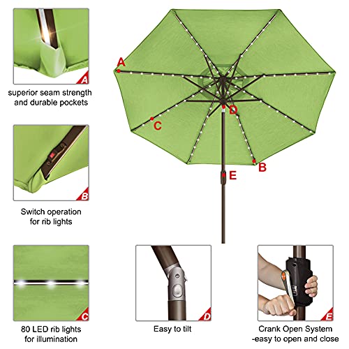 USA 10-Year-Non-Fading 9ft Market Patio Umbrella, Commercial Grade Table Sun Umbrella with 80 Solar LED Lights, Crank Open, Windproof & UPF 50+ UV Protection for Garden, Deck, Pool, Backyard, Macaw Green
