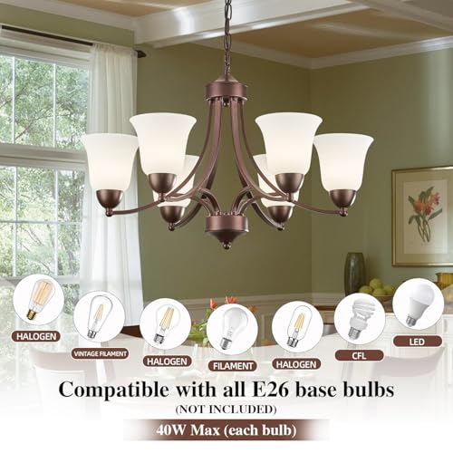 6 Light Oil Rubbed Bronze Dining Room Light Fixture Farmhouse Modern Chandelier Pendant Light Bronze 47.2''Adjustable Ceiling Hanging Lighting with Frosted Glass for Kitchen Island Living Room Foyer