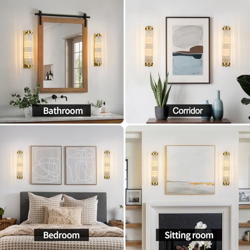 Gold Wall Sconces with Crystal Glass Strip Bathroom Sconces 2 Light E12 Base Modern Wall Lights for Bedroom Living Room Hallway Wall Light Fixtures