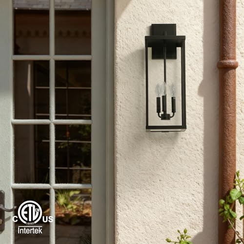 24" Classic Outdoor Wall Sconce 3 Lights in Matte Black Rectangular Metal Frame and Clear Glass Shade Waterproof Porch Light Patio Light Pack of 2 (2 Count)