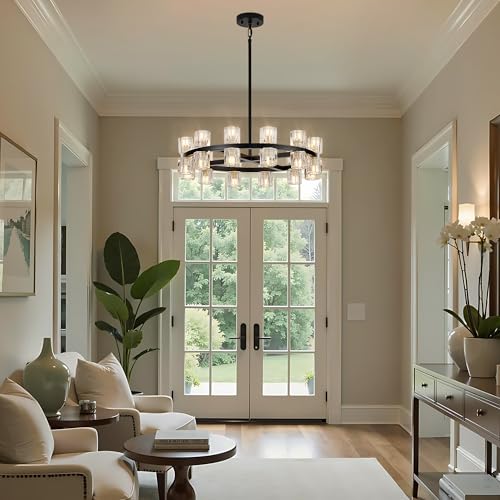 24 Inch Black Wagon Wheel Chandelier with Crystal Shades