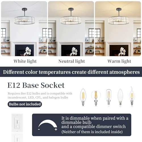 Adjustable Height Modern Black Crystal Chandelier 20 Inch (Black / 20 in)