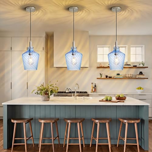Stripes Blue Glass Pendant Light for Kitchen Island Nickel 8 Inch 1 Pack