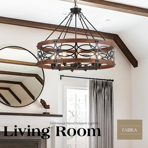 10 Light Farmhouse Drum Wood Pendant Light