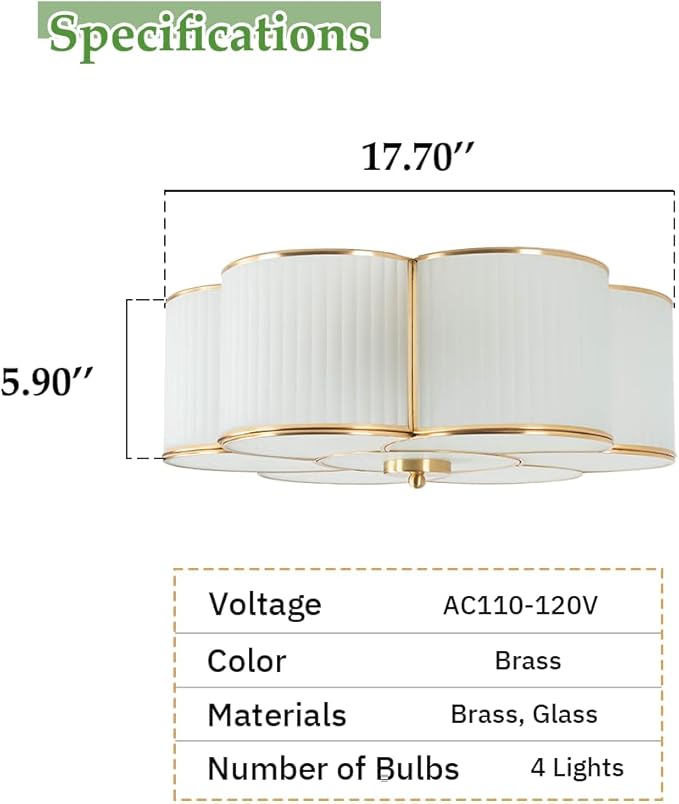 Brass Flush Mount Ceiling Light, Vintage Frosted Glass Ceiling Lighting Fixture, 4 Lights Classic Ceiling Lamp for Bedroom Nursery Living Room (Flower, 17.7")