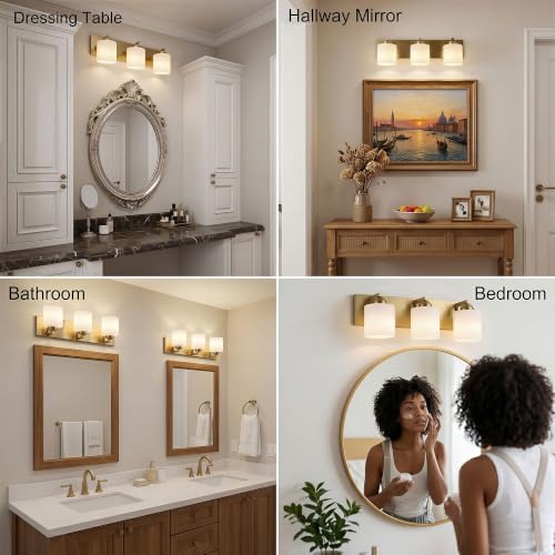 3 Light Brushed Gold Bathroom Vanity Light with White Glass Shades