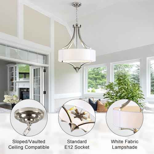 6-Light Brushed Nickel Chandelier 19.7" Modern Drum Chandeliers for Dining Room Light Fixture with White Fabric Shade Large Pendant Lighting for Kitchen Island Living Room Bedroom Foyer Over Table,E26