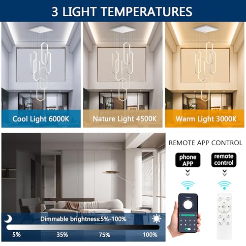 6 Rings Modern Chandelier LED Dimmable Long Large High Ceiling Chandelier Adjust Flush Mount Ceiling Light for Foyer Lobby Living Room Staircaes Sliver (6 Count)