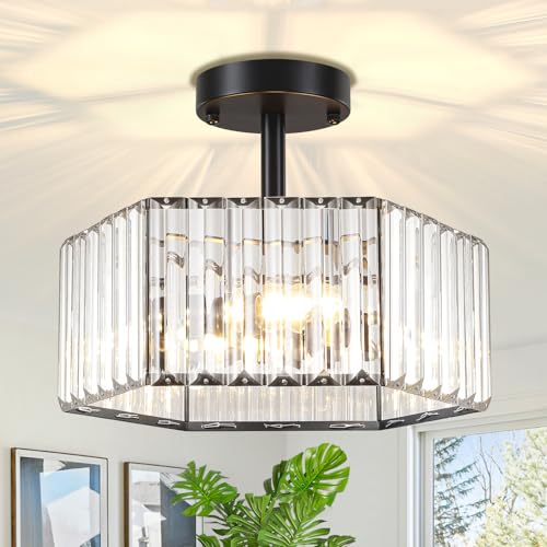 Modern Black Semi Flush Mount Ceiling Light Crystal Entryway Light Fixture
