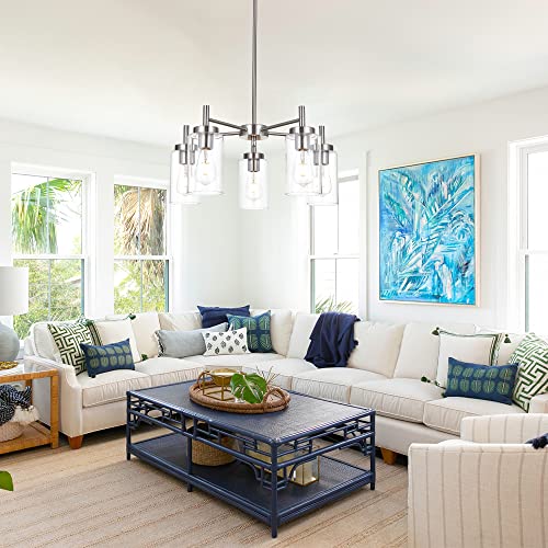 Contemporary 5 Light Large Chandeliers Modern Clear Glass Shades Pendant Lighting Brushed Polished Nickel Dining Room Lighting Fixtures Hanging Adjustable Wire Semi Flush Ceiling Lights