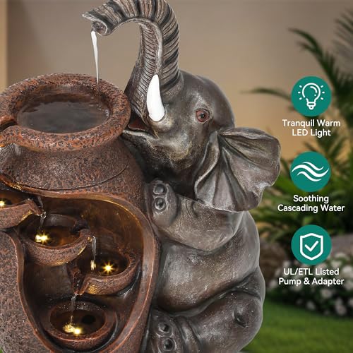 AUTODAYA 19" H Elephant Statue Outdoor Water Fountain with Warm LED Lights