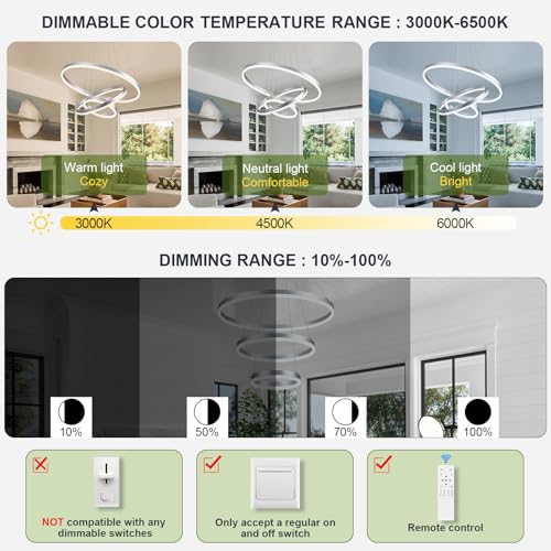 3 Rings Modern LED Chandelier Silver Dimmable Pendant Lighting with Remote Control Circular Flush Mount High Ceiling Light for Dining Room Living Room Entrance Foyer