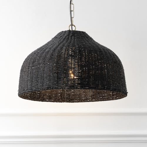 Eliza 20" Bohemian Black & Brass Gold Woven Rattan Dome Pendant