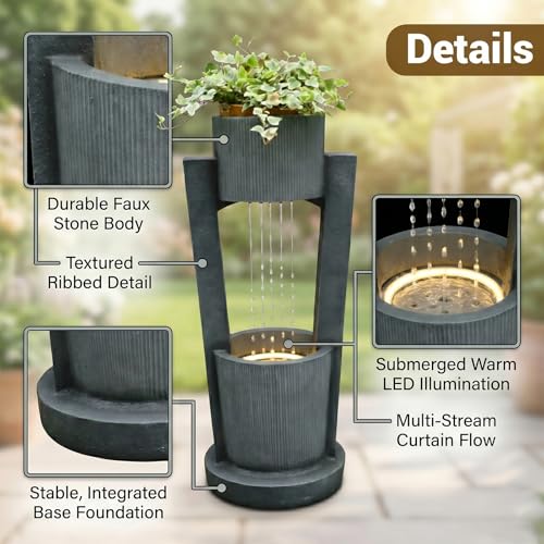 33" H Modern Outdoor Water Fountain Cascading Realistic Rock Waterfall Fountains with LED Lights Outdoor Water Fountain for Garden Patio Backyard Porch Home Decor Gold