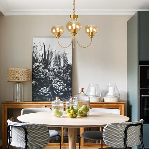 Mid Century Modern Globe Chandelier 3 Light Amber Glass Vintage Sputnik Chandeliers Gold Pendant Light Fixtures for Dining Room Kitchen Living Room Bedroom