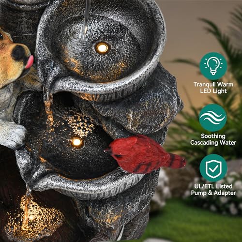 30" Puppy & Red Bird Outdoor Fountain