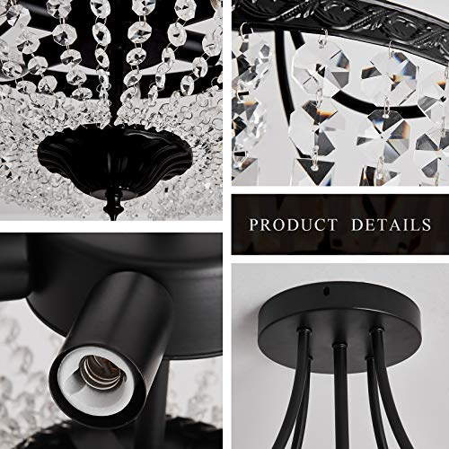 5 Light E12 Round Crystal Ceiling Light Fixture Modern Semi Flush Mount Chandelier Ceiling Lamp for Living Room Dining Room Entryway Hallway Foyer Bedroom Laundry Bathroom（Black）
