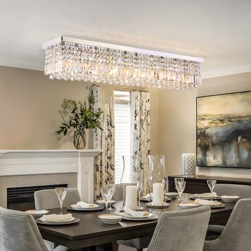 12 Lights Crystal Chandeliers Modern Crystal Rectangular Flush Mount Chandelier with Raindrop Crystals Pendant Light Fixture for Dining Dining Room Kitchen Dining Room Bedroom Bathroom Hotel