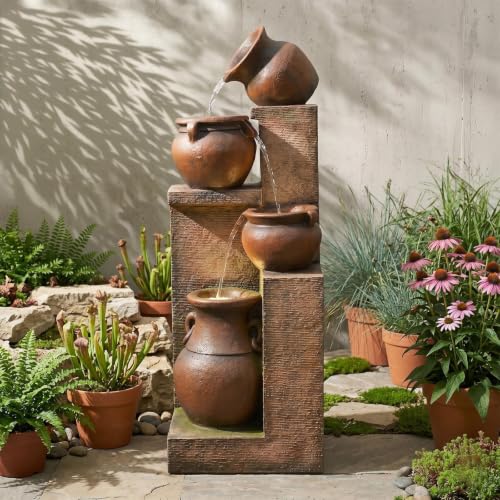 50H Water Fountain Outdoor with 5Tiers Modern Cascading Jar and Stacked Water Fountain with LED Lights for Patio