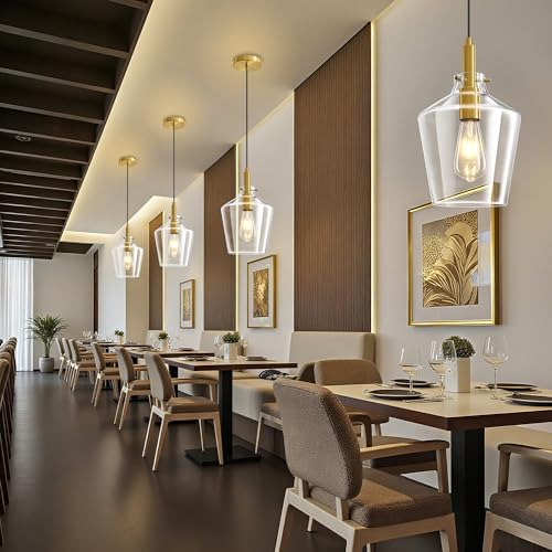 Glass Pendant Lighting for Kitchen Island Entryway 2 Pack Gold Clear 8 Inch (2 Count)