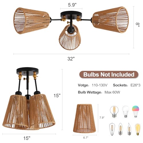 3 Light Rattan Boho Ceiling Light Adjustable Farmhouse Fixture (1 Pack 3-Light)