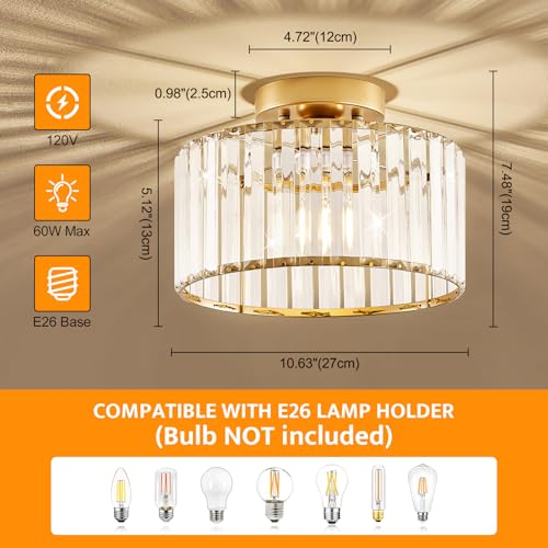 Crystal Gold Semi Flush Ceiling Light 10.63 Inch