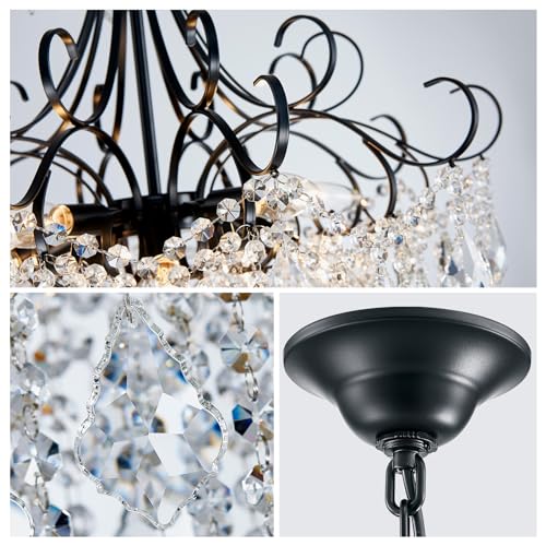 WUZUPS Crystal Chandelier 10-Light Pendant Ceiling Light Modern Lighting Fixture for Dining Room Hallway Bedroom Kitchen Bathroom, H 27.6" x W 22.8", E12 Base, Black