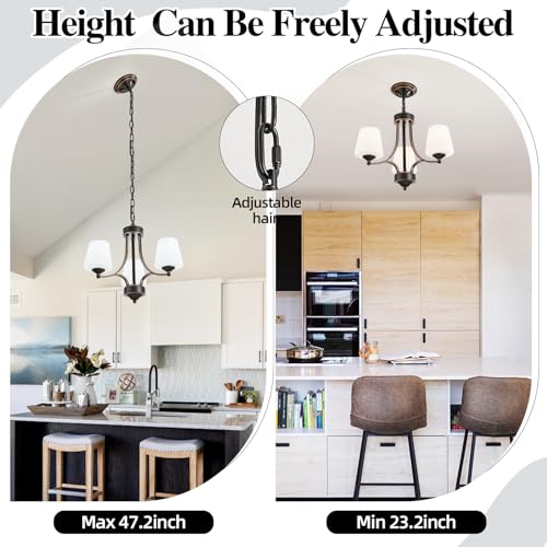 3 Light Farmhouse Chandelier with Milk White Frosted Glass Shades Black Dining Room Light Adjustable Height Ceiling Hanging Light Fixtures for Dinner Table