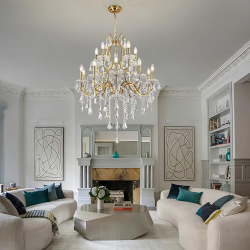 Antique French Country Gold Crystal Chandelier 2 Layers 15 Lights Dia31.5 Maria Theresa Light Fixture for Dining Room